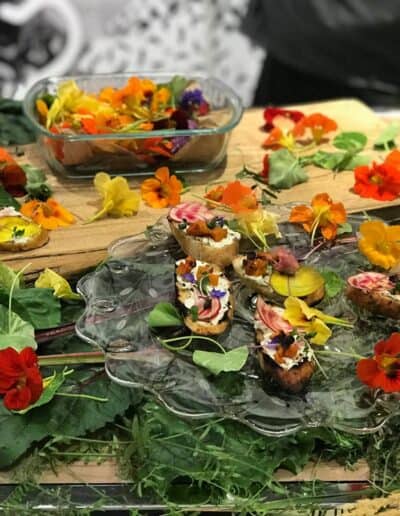 Decorative display of tartines and edible flowers